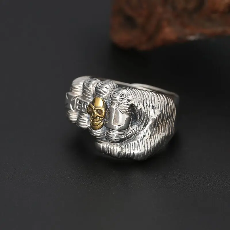 Trendy Skull Ring for Men Faionable Retro Thai Silver Punch Hand Design Statement Index Finger Ring Sli Accory