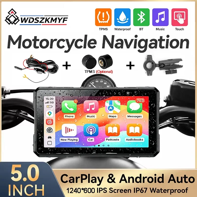 IP67 Waterproof 5Inch Moto GPS Display Dual Bluetooth Wireless Carplay Navigation Support Helmet Intercom Motorcycle Accessories