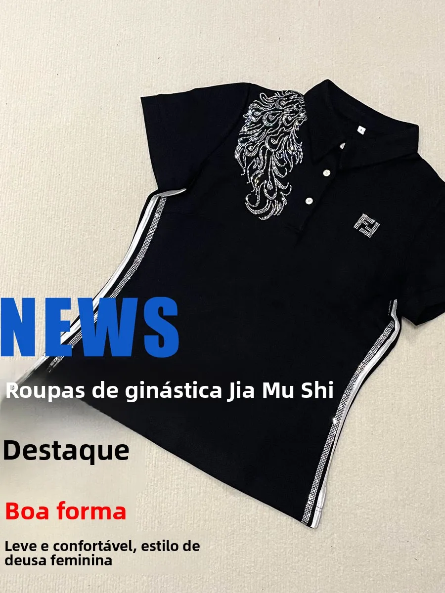 black-peacock-short-sleeve-top-roman-cotton-fitness-square-dance-shirt-women's-slim-fit-pure-cotton-performance-wear