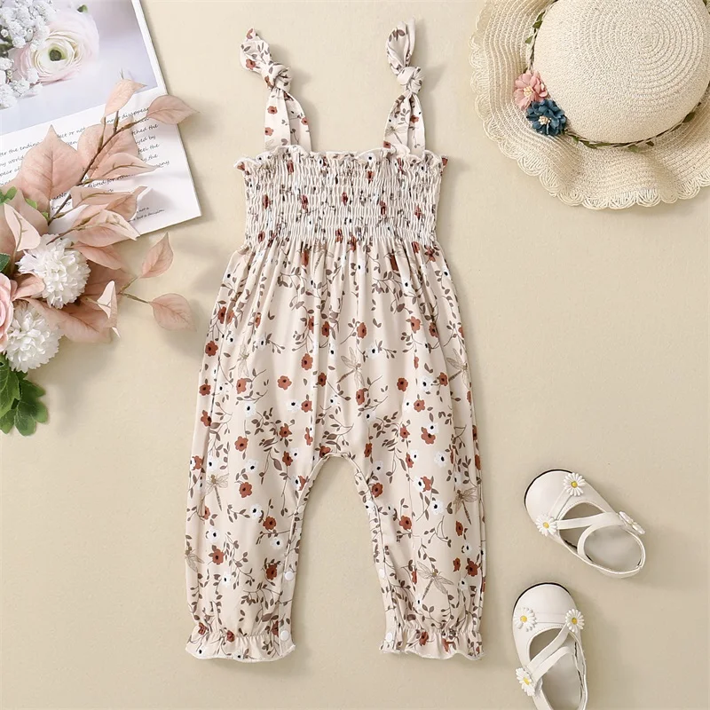 Lioraitiin 0-24M Summer Baby Girls Rompers Jumpsuit Tie-Up Straps Sleeveless Halter Floral Print Overalls Infant Clothes