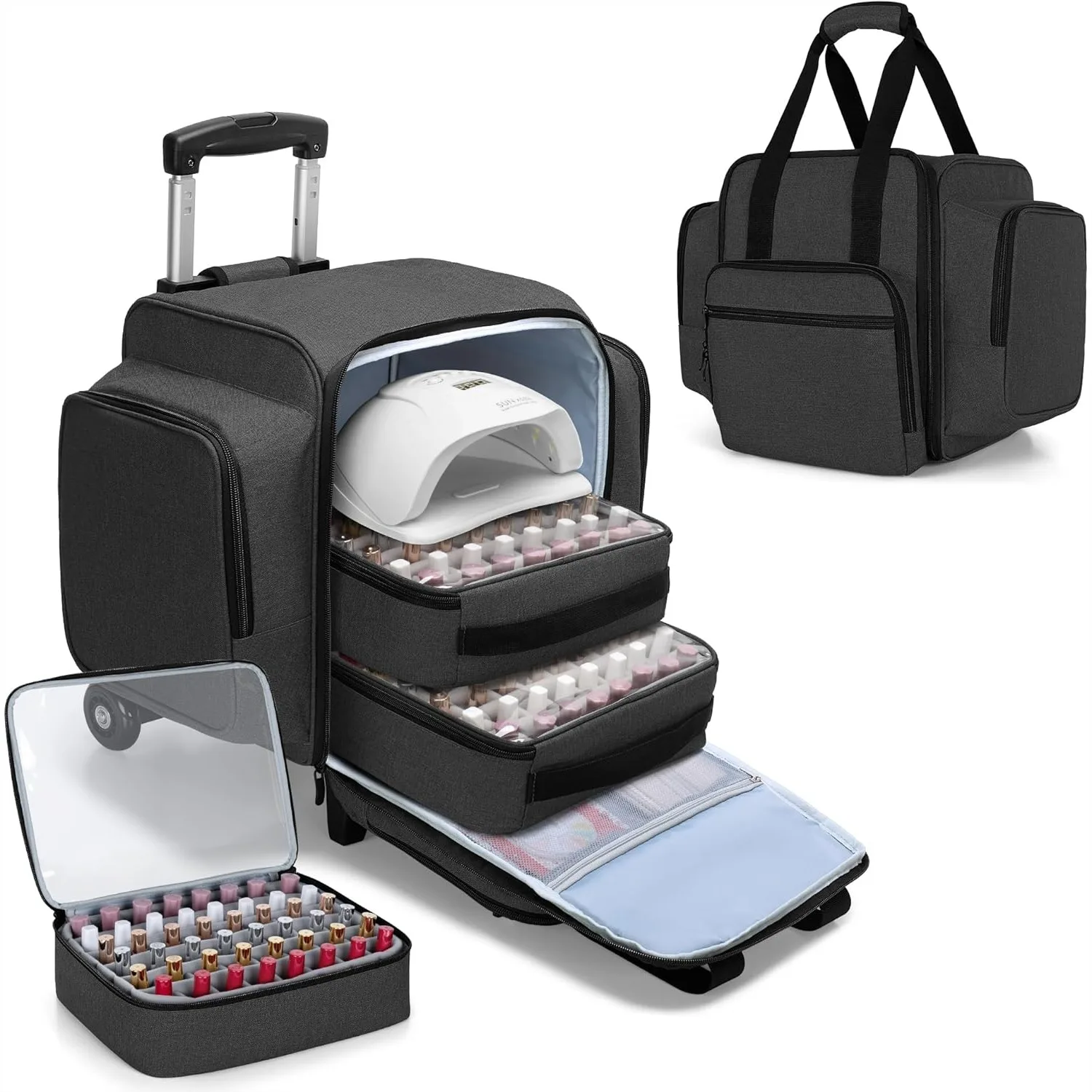 

Rolling Nail Polish Organizer Holds 144 Bottles, Nail Polish Case with Detachable Dolly and 3 Removable Cases, Heavy-Duty Nylon,
