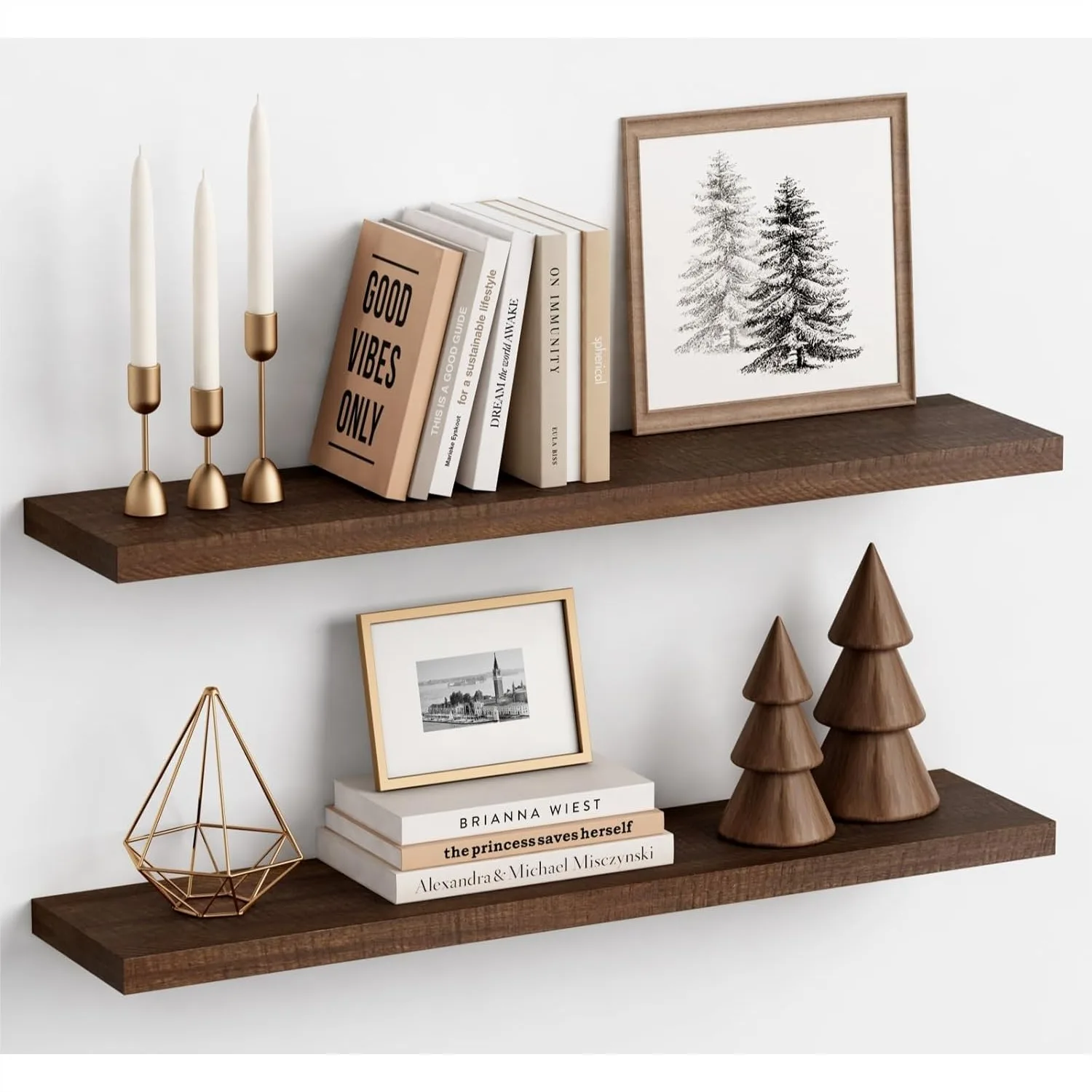 

36 Inch Floating Shelves For Wall Set Of 2, Large Long Wooden Hanging Shelves For Living Room Bedroom Kitchen Bathroom Office Books Pictures, Dark Wood