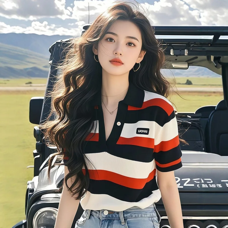 

Women's Clothing Chic Polo Striped T-Shirt Summer Unique Short Sleeve Cool Silk Tees Lady Pullover Turn-down Collar Button Tops