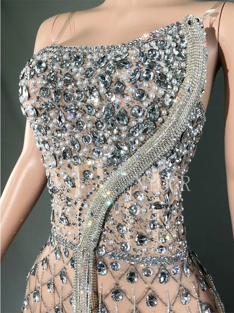 Vestido sem alças ver através da bainha para festa noturna, strass luxuoso, traje de desempenho boate para cantora e bailarina, sexy de palco