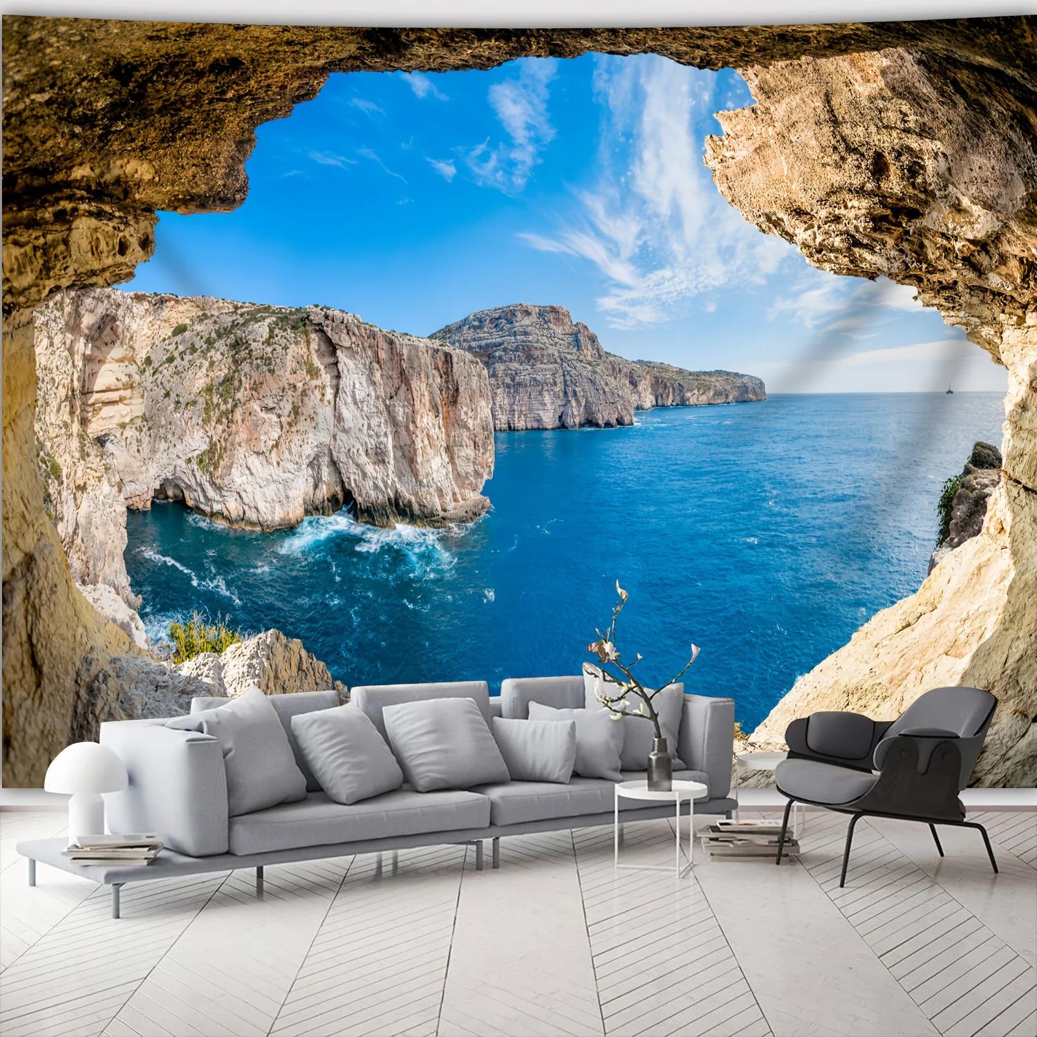 1pc Ultra large size Blue Sky Ocean Landscape Photo Background Cloth Wall Hanging, Cave Polyester Tapestry for Living Room Bedro