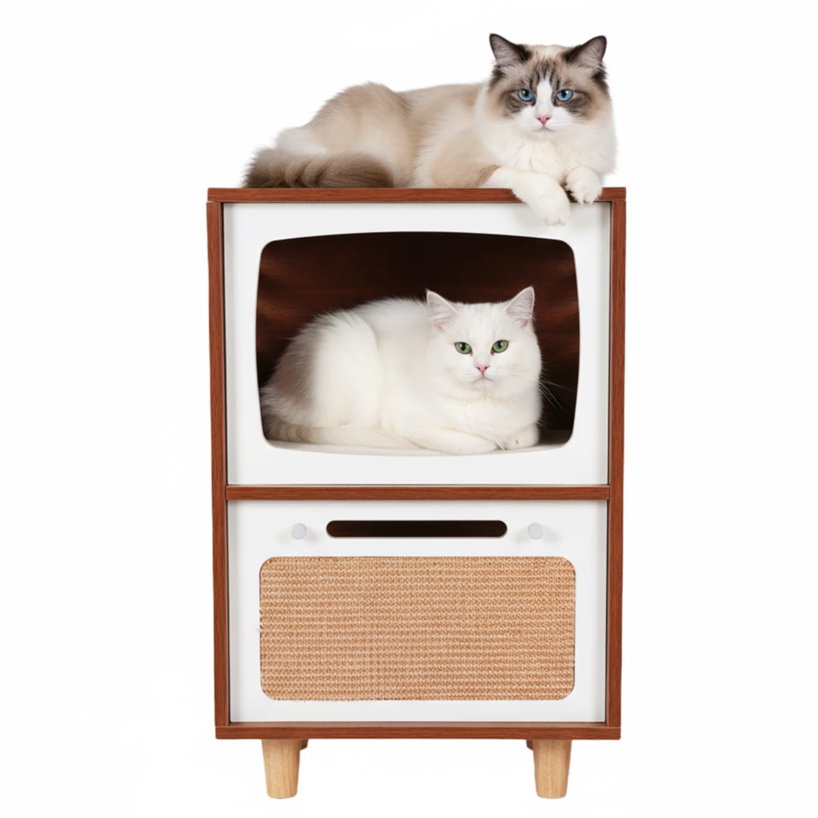 

Retro TV-Style Wood Bedside Table with Scratching Board Large Side Table & Cat Home Breathable for Pet Playground Small Nest