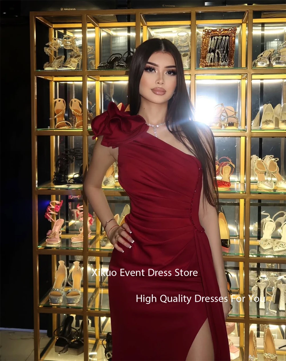 Xikuo Graceful Satin Abiti da sera da donna Una spalla Abiti lunghi da festa Abiti da festa con spacco laterale alto Sirena Abiti da ballo personalizzati