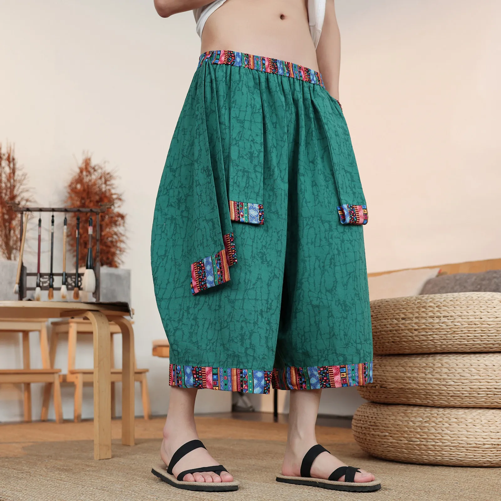 

Cotton Linen Wide Leg Pants Men Summer Light Thin Harun Loose Pants Chinese Retro Casual Oversize Capris Trousers Streetwear Men