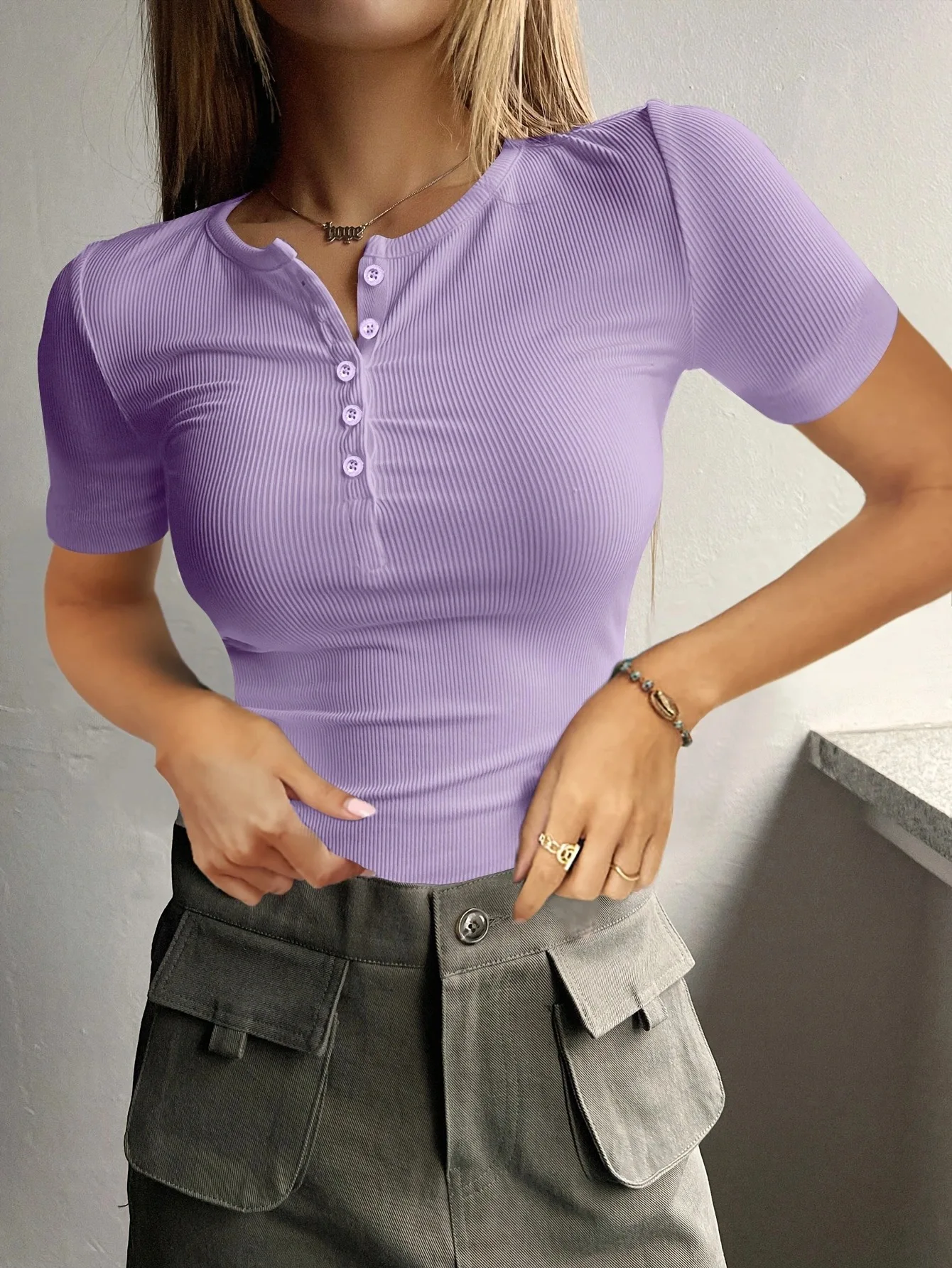 2024 Spring/Summer European and American Women's New Short sleeved Button Ribbed Slim Fit Knitted Shanshan YSS29-5