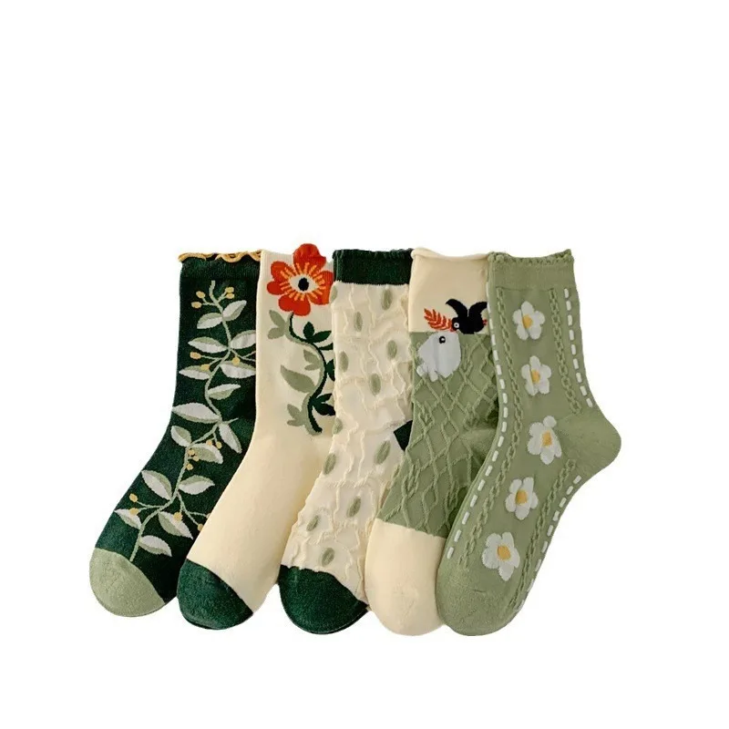 5 paia di calzini alla caviglia da donna verde primavera autunno calzini a metà polpaccio moda retrò scuola modello floreale calzini casual traspiranti alti