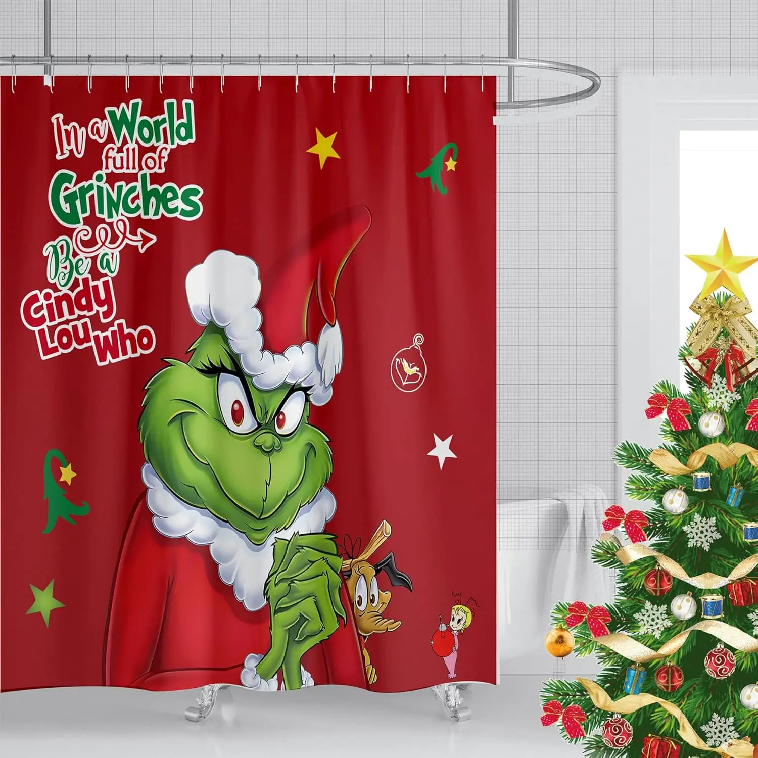 

Christmas Shower Curtain Waterproof 72x72 Inch with Hooks 3D Farmhouse Design Bathroom Decor
