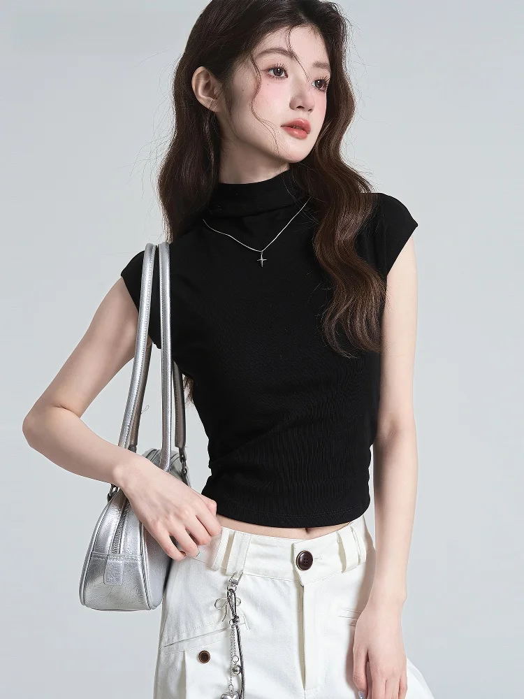 تي شيرت La Chapelle بقصة ضيقة للنساء بتصميم Ba حزام خصر حلو وحار وياقة عالية Svel