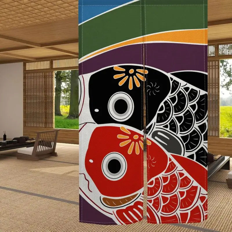 VIKAMA Japanese Koinobori Carp Close Up Door Curtain Black Red Fish Flag Colorful Stripe Background Linen Noren Bedroom Kitchen