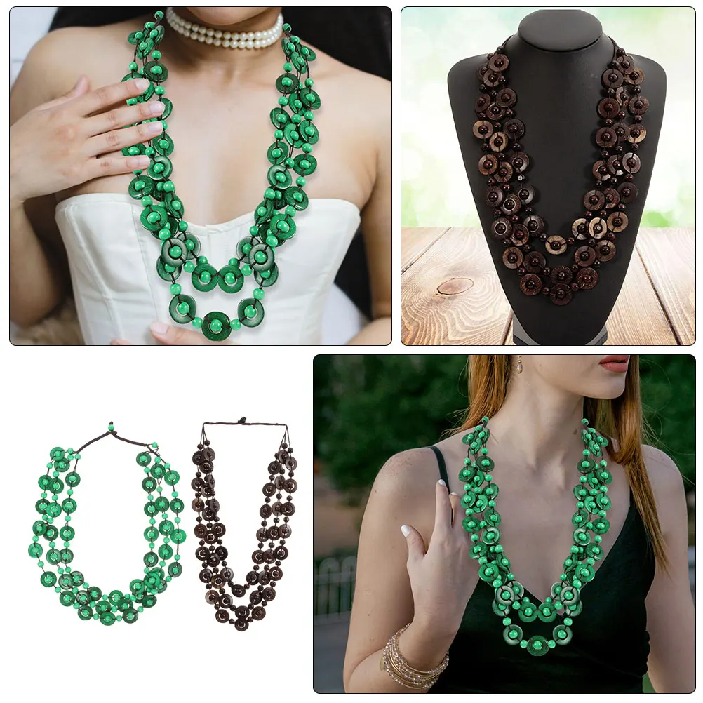 

2pcs Women Necklace Bohemia Style Coconut Shell Beads Beach Layered Jewelry Summer Seaside Wear Resistance Colorful Chunky