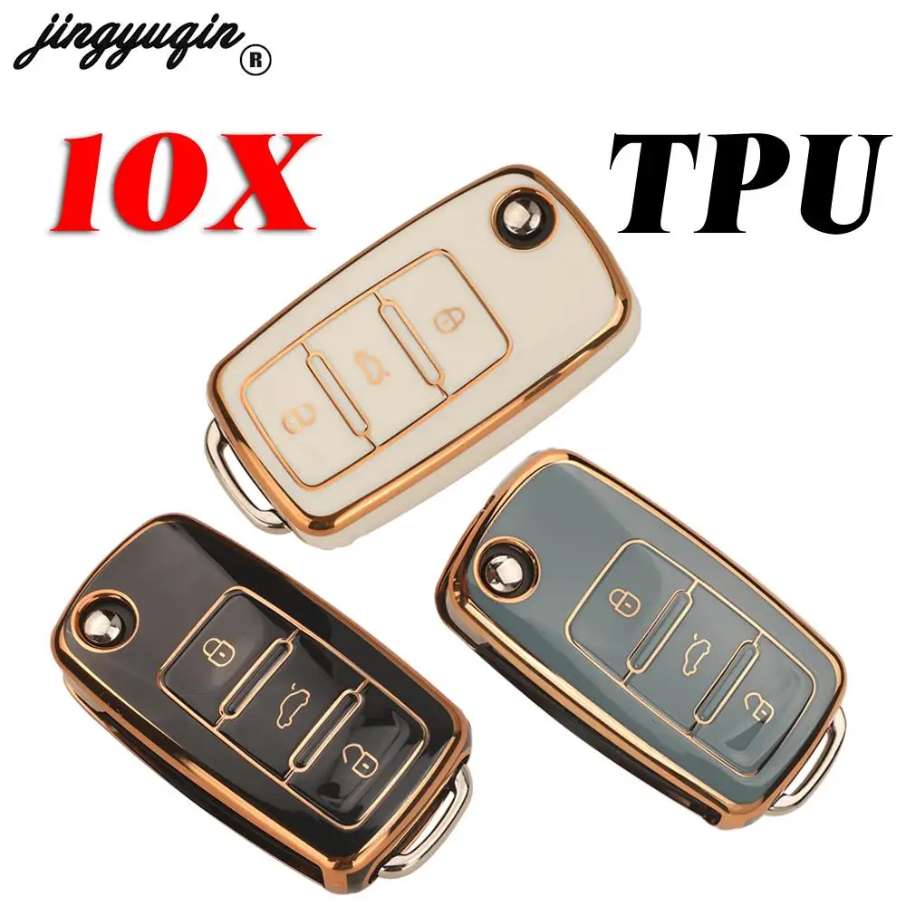 Jingyuqin 10pcs For Volkswagen Car Flip Key Case 3Buttons TPU Cover Shell Polo Golf Passat Tiguan Beetle Caddy T5 Up Eos Skoda