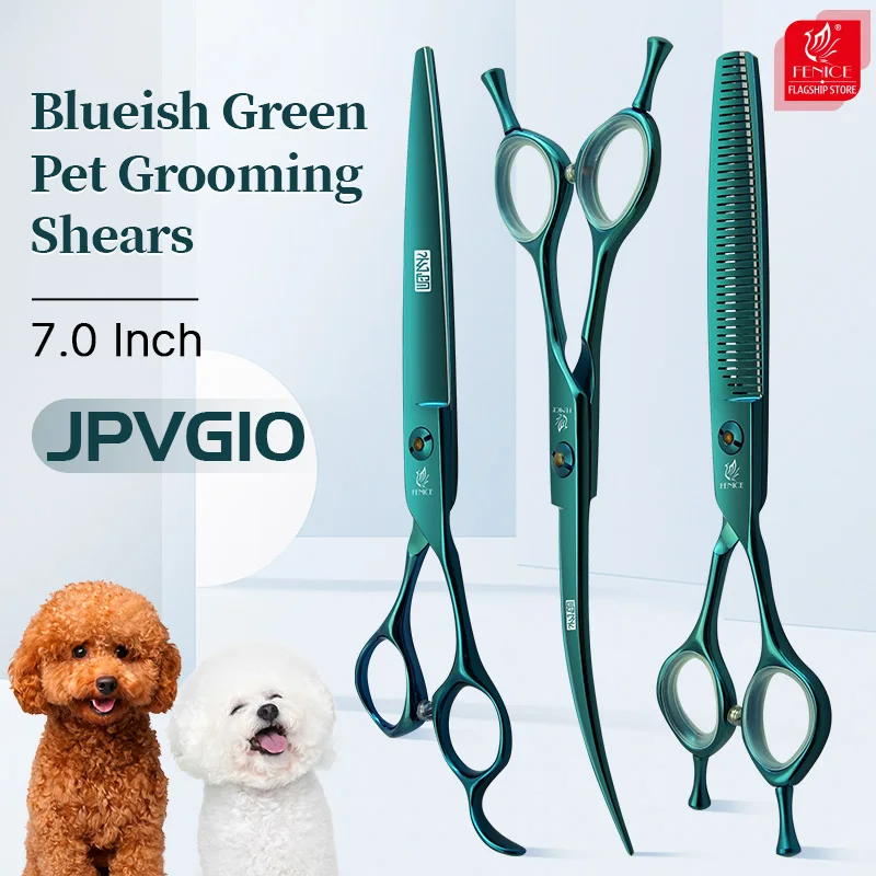 Fenice Professional 7.0 inch VG10 Blueish Green Dog Grooming  Scissors Kit Straight/Curved /Thinner Shears for Pet Groomer