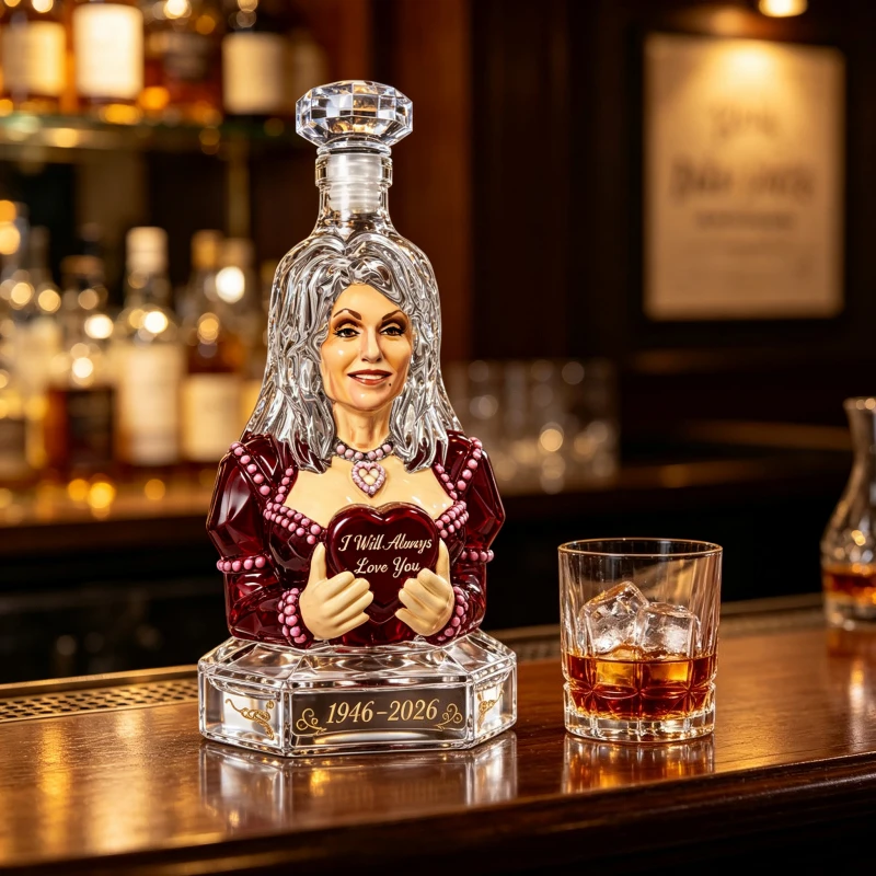 Dolly Parton Commemorative Glass Decanter Hand Painted Art Liquor Bottle Collectible Gift Home Bar Display Decor