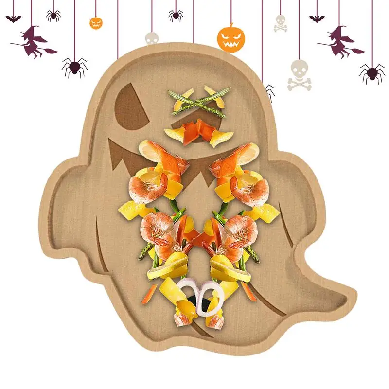 Wooden Halloween Serving Tray Skull Spider Web Ghost Mummy Decorative Snack Tray Appetizer Charcuterie Boards Serving Trays And