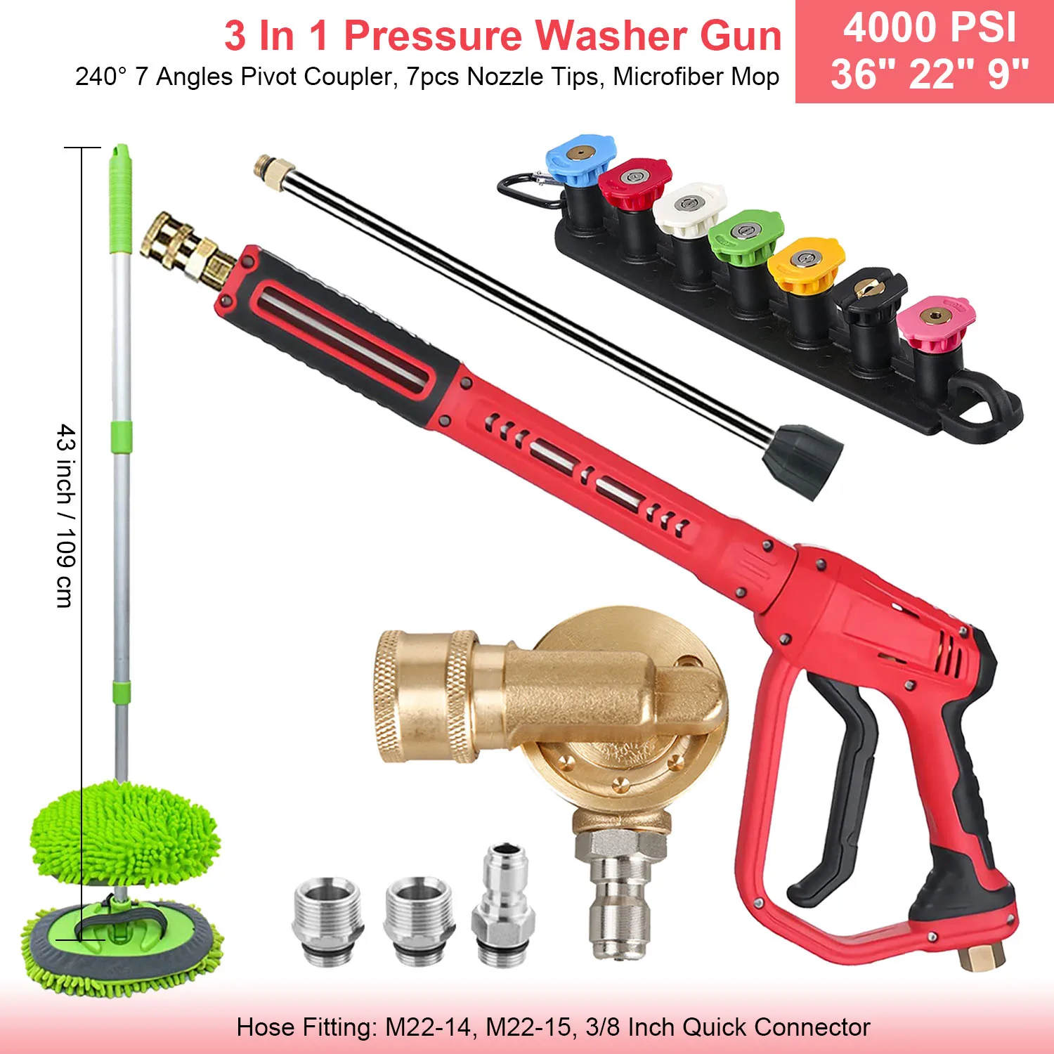 36 "In 4000 PSI Hogedrukreiniger Pistool Verlengstuk Nozzles Schuimlans 3 in 1 M22 14 15 mm 3/8 In Snelkoppeling Autoreiniger Kit