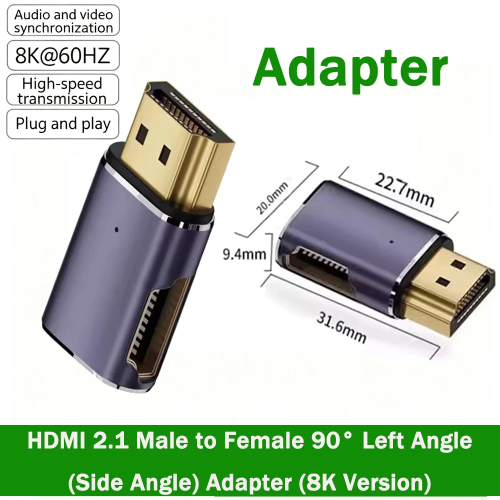 Left Curve HDMI 2.1 Male to Female Adapter, 8K High-Speed, Plug & Play for Wall-Mounted TV, PS5, Xbox, PC