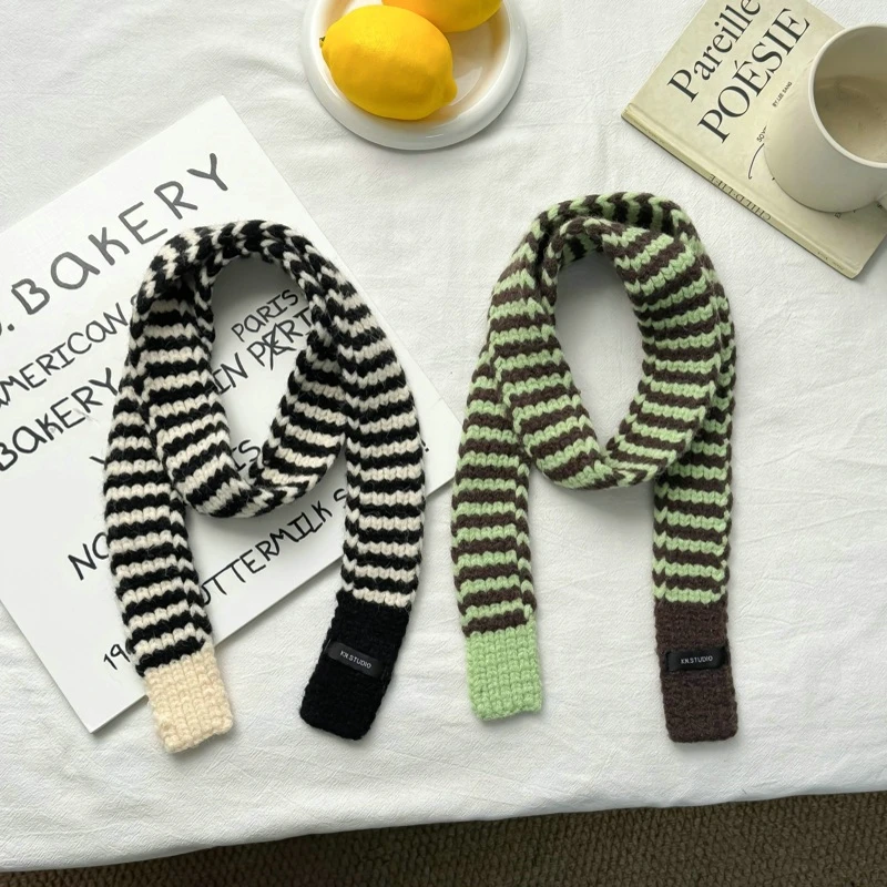 Fashionable Design Striped Sausage Scarf for Women Winter Wear Concave Shape Knitted Contrast Color Thin Strip Small Scarf Tide