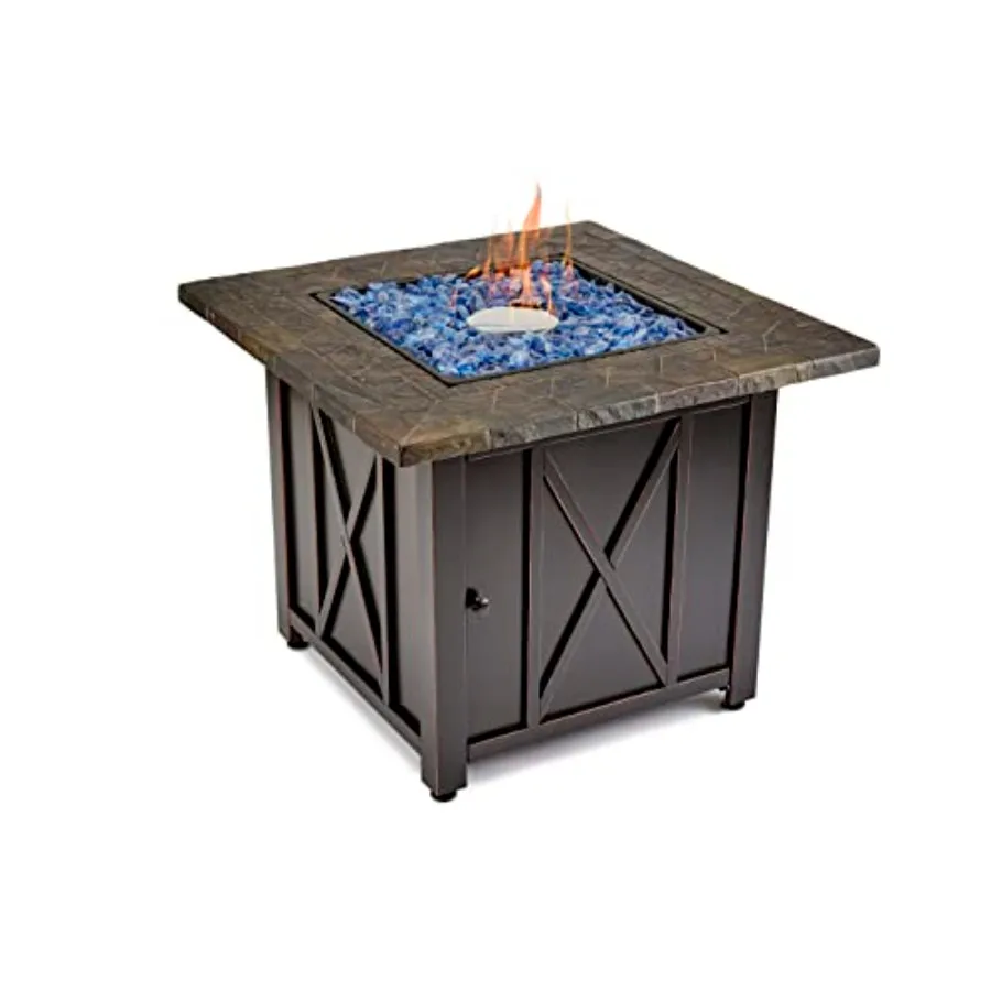 

30 Inch Square Outdoor Fire Pit Table with 30000 BTU Liquid Propane Gas Push Button Ignition Blue Fire Glass and Durable Steel