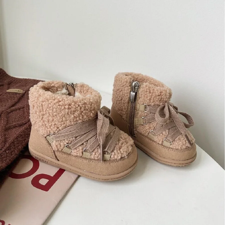 Size 16-30 Girls' Cotton Boots 2024 Winter New Girls' Short Boots Lamb Hair Boys' Fashion Soft Sole Walking Shoes Camel Grey