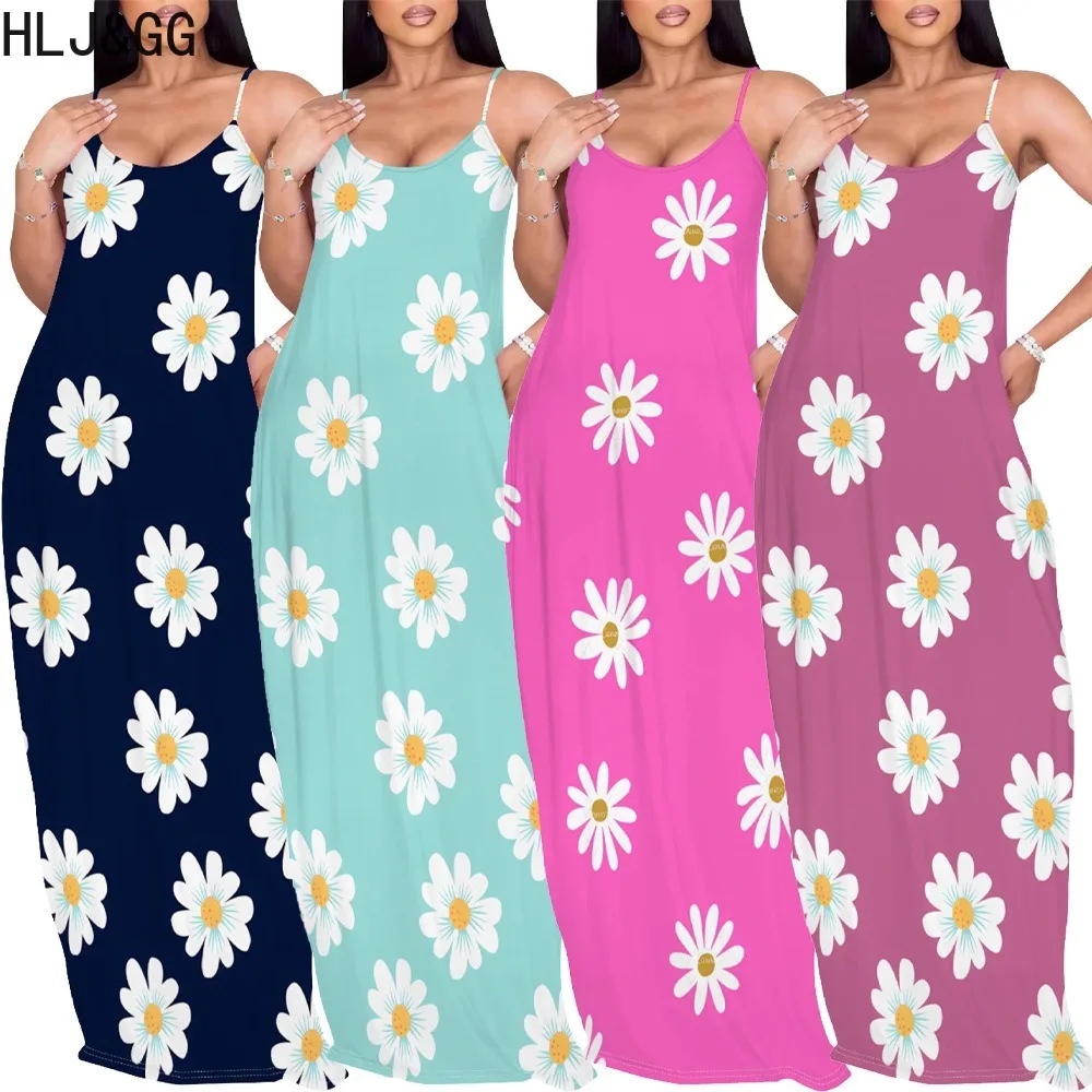 

HLJ&GG Casual Flower Pattern Print Loose Suspenders Dresses Women Low-cut Sleeveless Backless Straight Vestidos Female Clothing