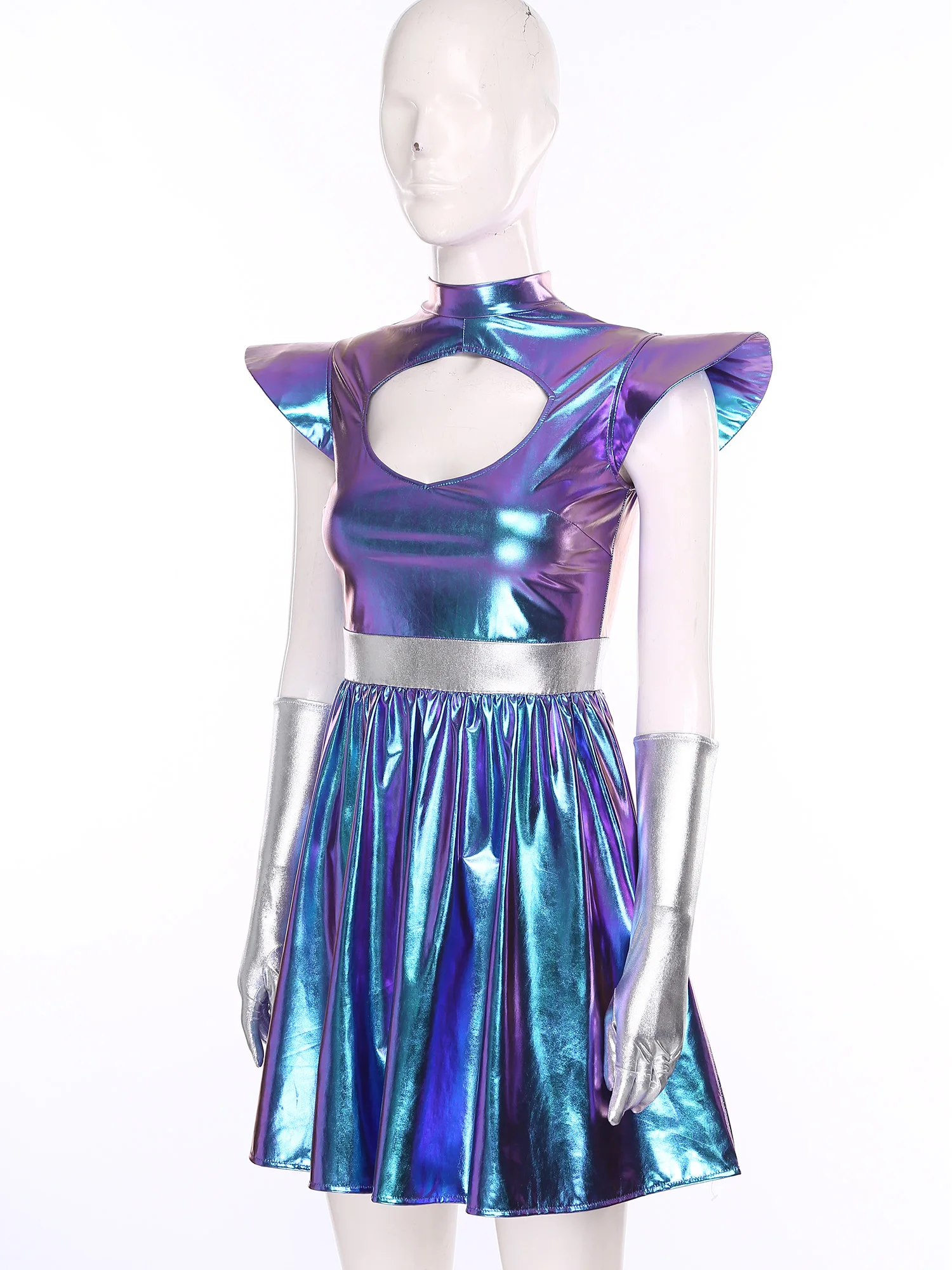 ชุดคอสเพลย์นักบินอวกาศหญิง ชุดเอเลี่ยน ชุดแฟนซีอวกาศ ผ้าเมทัลลิกเงาวาว พร้อมถุงมือ แผ่นรองไหล่ ทรงเอไลน์ ชุดหุ่นยนต์เอเลี่ยน