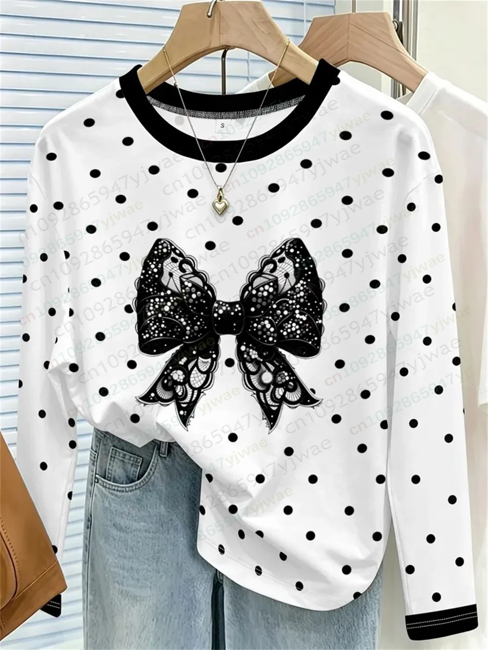Herbstliches Damen-T-Shirt mit Herzmuster und Schleife, gestreift, lässig, langärmelig, Rundhalsausschnitt, locker geschnitten, atmungsaktiv, hochwertiges, vielseitiges T-Shirt – Detail 17