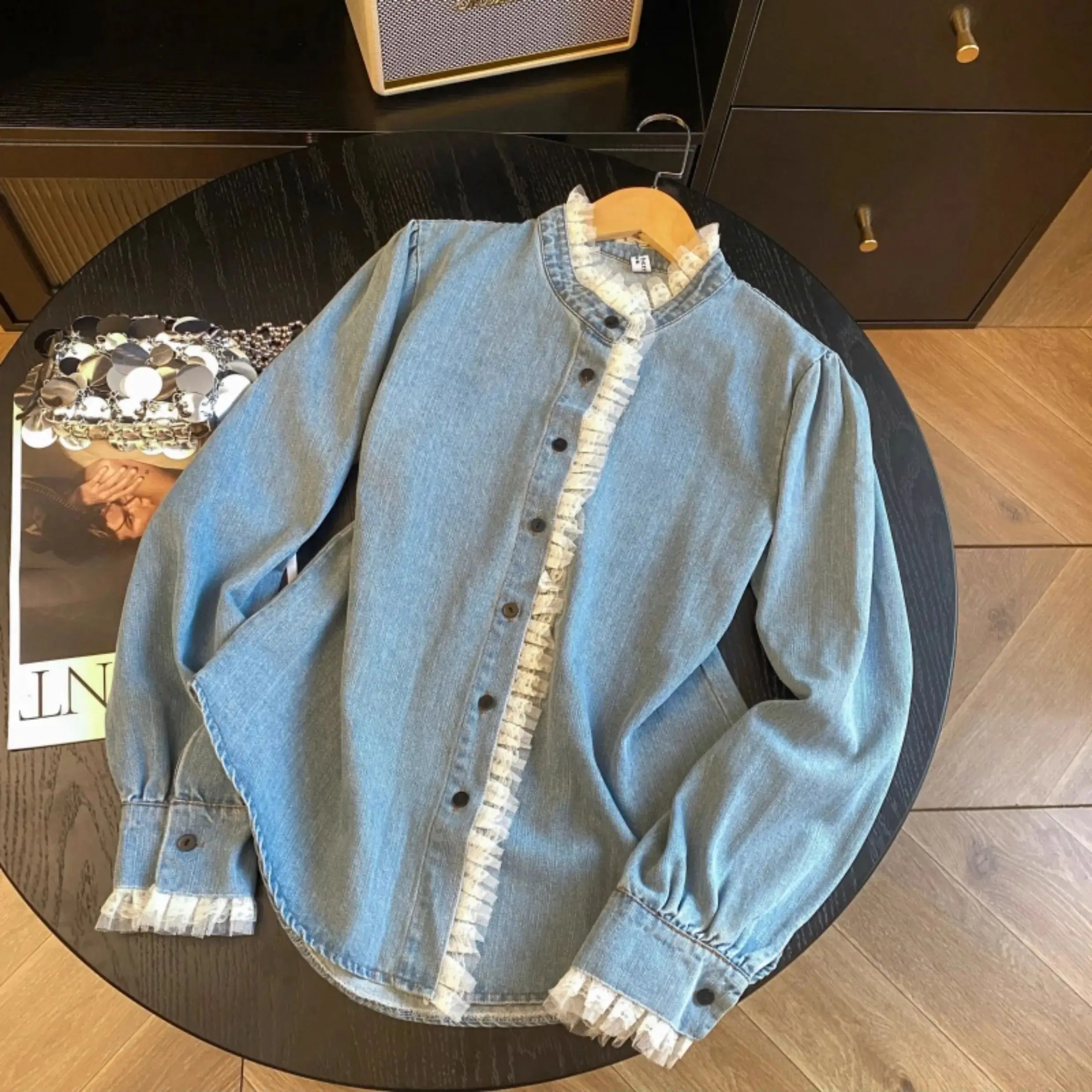 

Blue Lace Splicing Denim Shirt Women Spring Autumn Long Sleeve Single Breasted Ruffles Coat Female Casual Tops Outwear Jackets