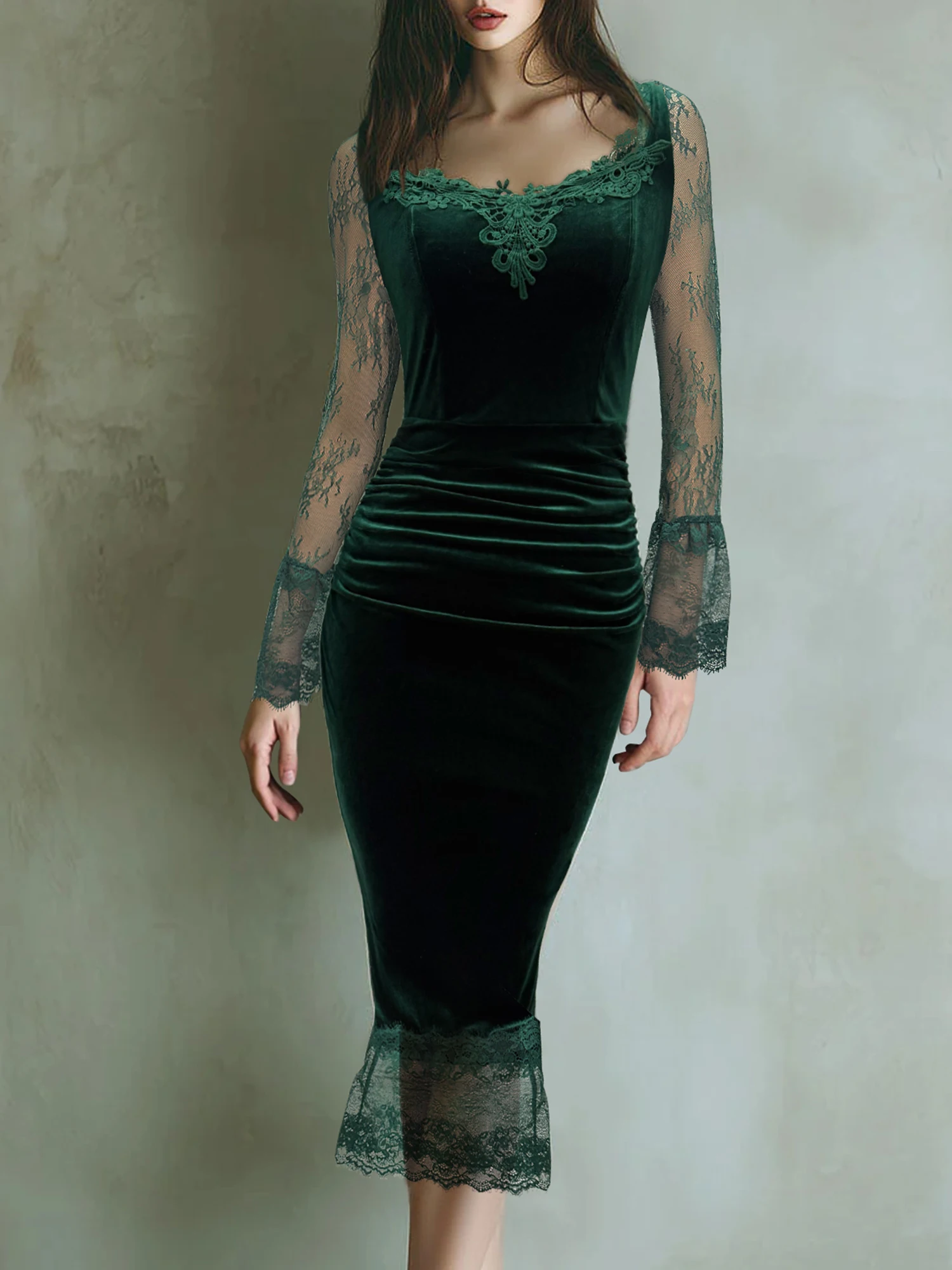 olive green velvet prom dress ZAPAKA Women Dark Green Prom Dress A-Line Long Wrap Long Sleeves Velvet Evening Dress, Dark Green / S