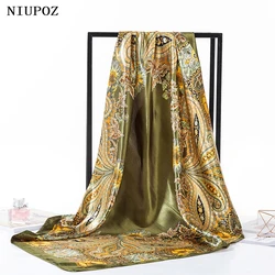 90*90cm Bandana Women Foulard Luxury Square Scarf Shawl Silk Feeling Cashew Satin Hijab Female Lady Wrap
