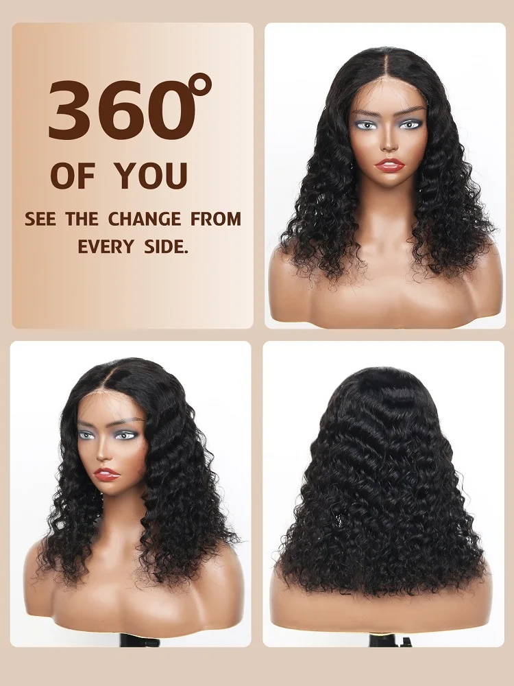 女性用の事前にカットされた接着剤なしのレースのかつら,深い波の髪,密度180%,すぐに着用できる,事前に摘み取られた漂白された結び目,6x4
