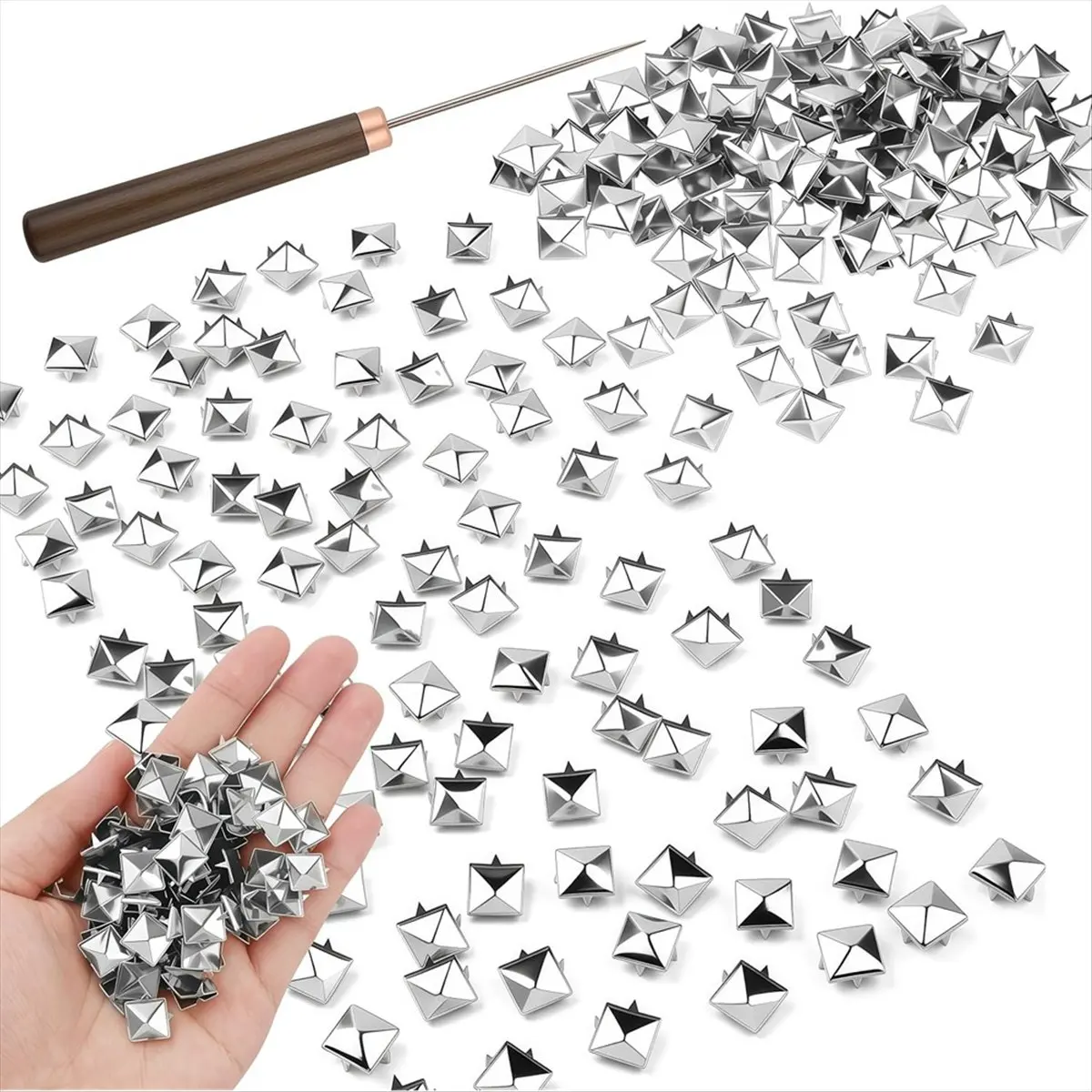 HITL 400Pcs 10mm Square Pyramid Studs, Metal Claw Nailhead Spike Rivets with Wooden Handle Awl Tool for Punk Rock Clothing A