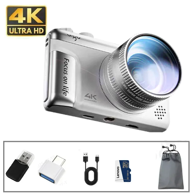 Câmera digital 4K, zoom óptico 16x, câmeras duplas dianteiras e traseiras de alta definição de 64 MP, foco automático/manual AF, câmera de viagem