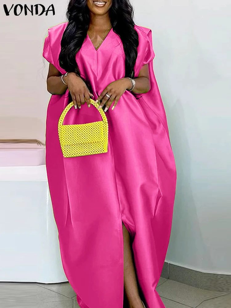 

Plus Size VONDA Women Bohemian Maxi Dress 2025 Summer Split Long Sundress V-Neck Short Sleeve Casual Solid Party Satin Robe 5XL