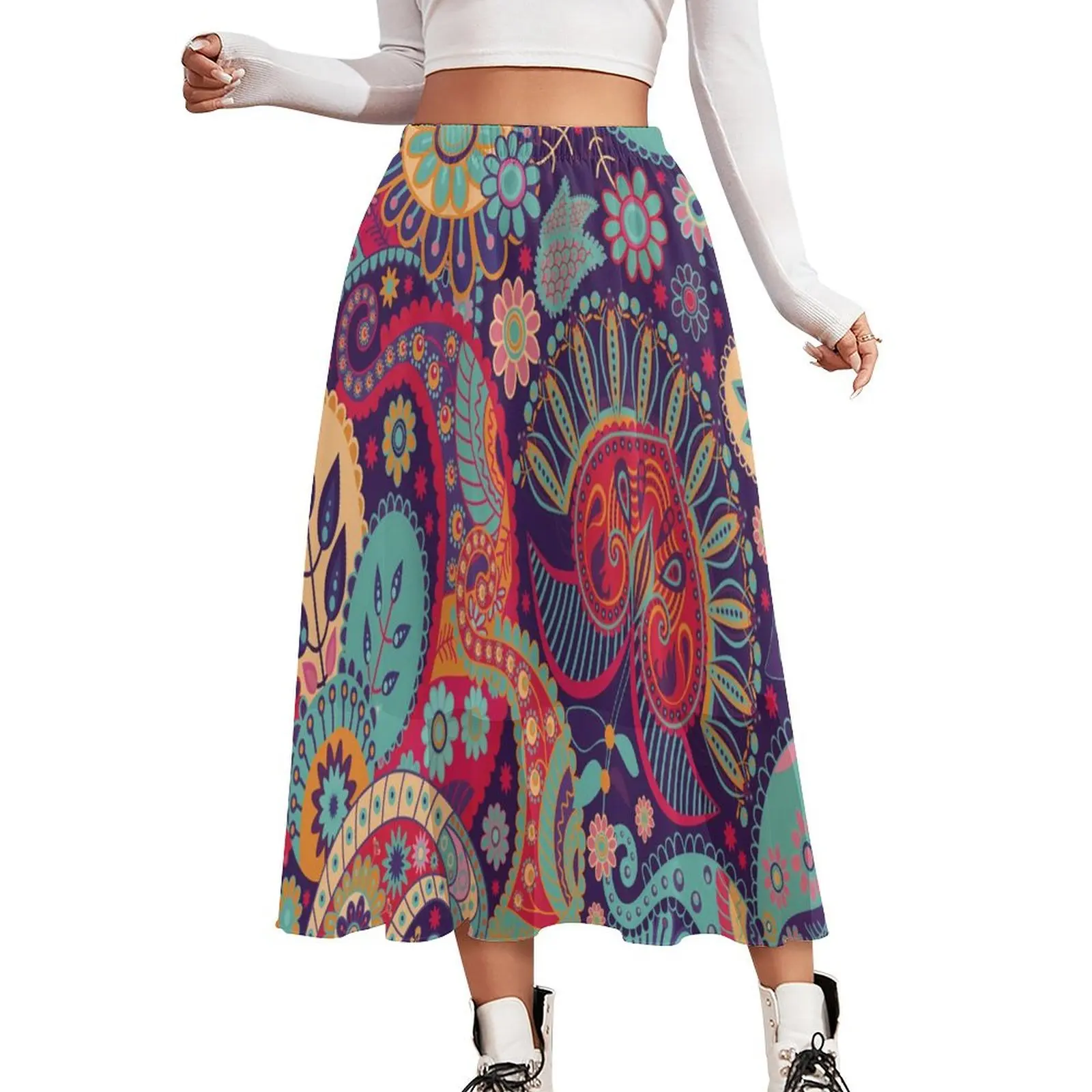 

Vintage Paisley Skirt Female Flower Power Print Elegant Boho Skirts Custom Elastic Waist Aesthetic Casual Skirt 2XL 3XL 4XL