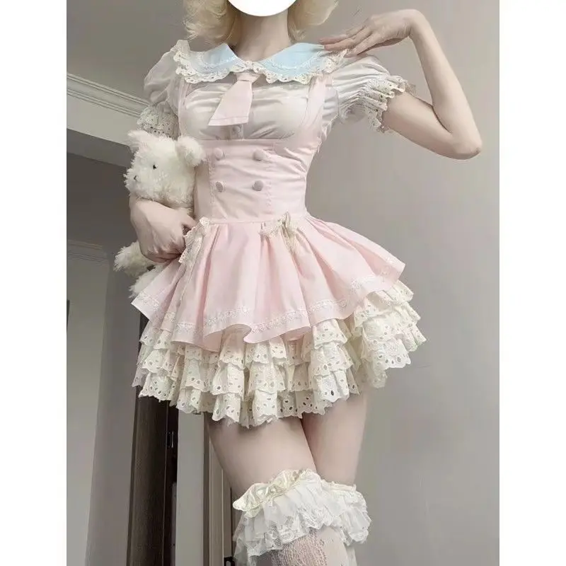 Lolita giapponese dolce JK set da 2 pezzi camicia da donna con colletto per bambola carina + gonna corta con cinturino per torta nuovo vestito chic alla moda Kawaii 2025