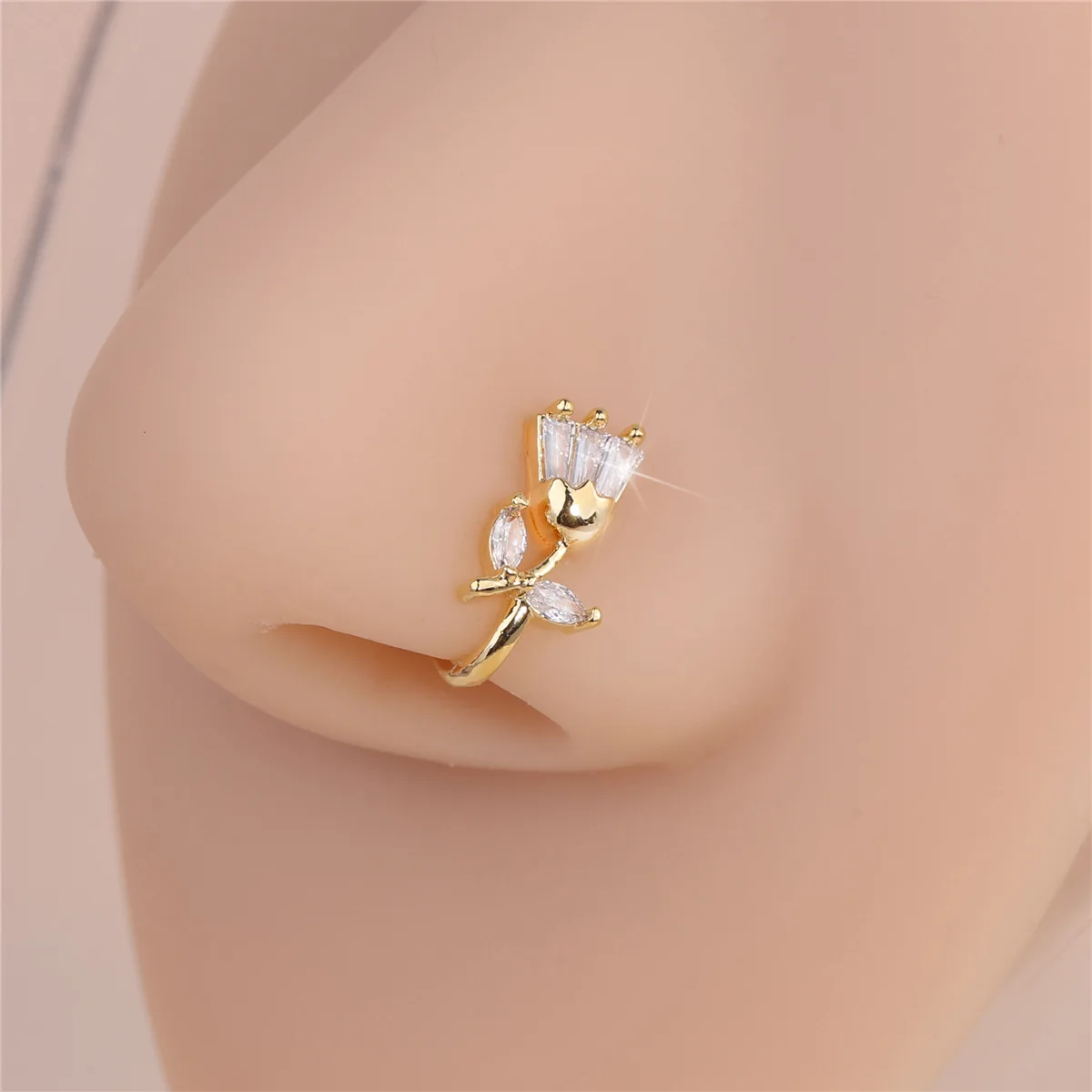 1pc Doppel Blume Charme Kein Piercing Kupfer Intarsien Zirkon U-förmigen Nase Clip Gefälschte Nase Ring Weibliche Kein piercing Piercing Schmuck – Detail 7