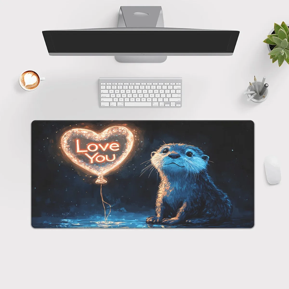 1 lontra accanto al cuore - palloncino in parttern scuro Tappetino stampato HD per scrivania, tappetino per mouse XXL multifunzionale, mouse da gioco con tastiera