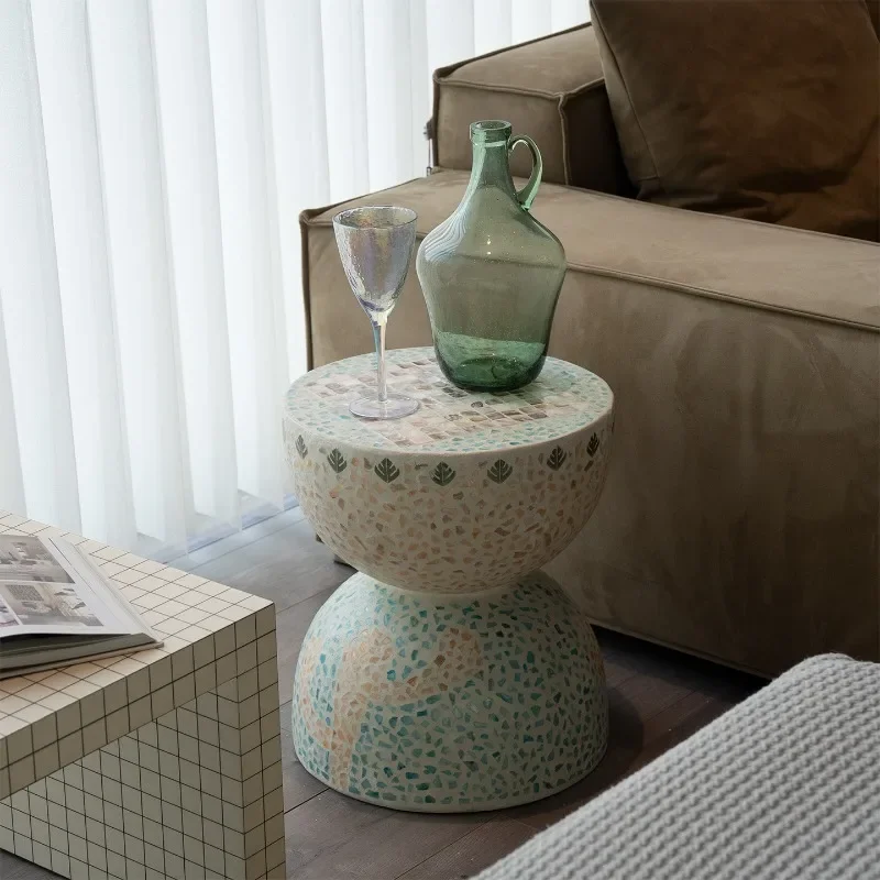 Mosaic Shell Drum Side Table Double Tier Hourglass Shape Inlaid Mother of Pearl Accent End Table Boho Living Room Coffee Table