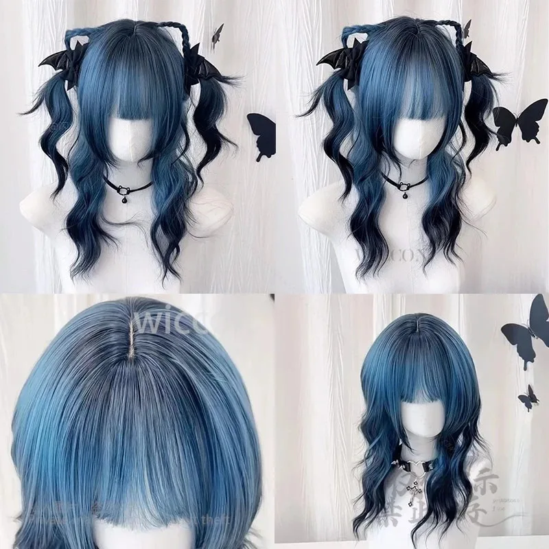 أزرق-أسود متدرج Y2K جيراي كي نمط الباروكات تأثيري حلي جديلة مقاومة للحرارة الشعر الاصطناعية موضة متوسطة الطول رقيق