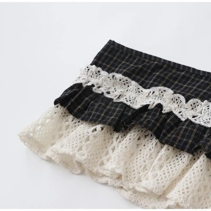 Y2K College Style Dress Curtain American Retro Age Reducing Plaid Lace Patchwork Layering Style