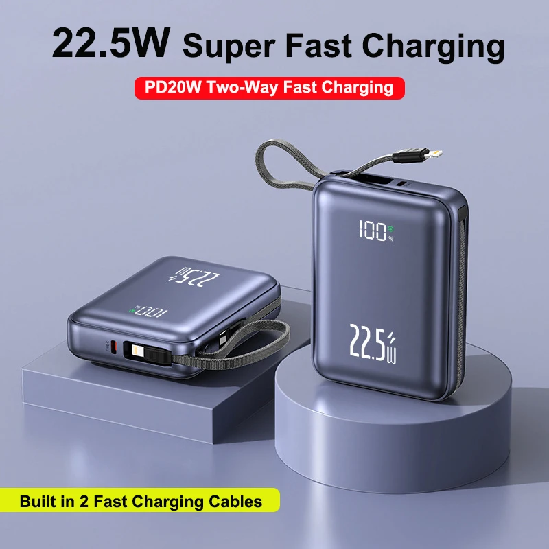 

Mini Power Bank 20000mAh with 2 Cables Portable Charger Powerbank 22.5W Fast Charging External Battery For iPhone Xiaomi Samsung