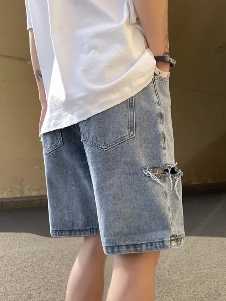 Denim Shorts Men Hole Korean Style High Street Fashion Youthful Popular Knee Length All-match Temperament Summer College Daily