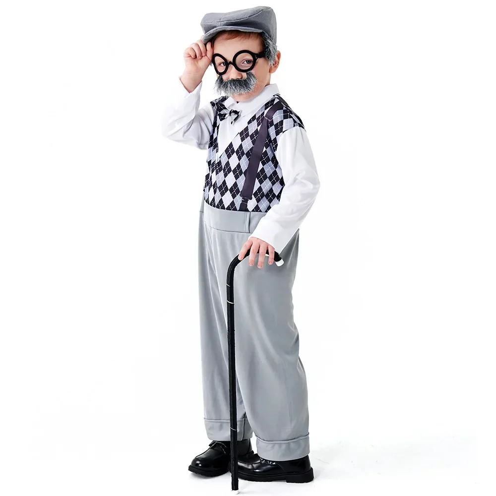 Beard Centenarian Halloween Cosplay Costume for Boy Plaid Jumpsuit With Hat Glasses Suit Kids Children Day Show Grandpa Costume