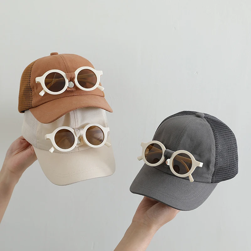 

Summer Mesh Baby Baseball Cap Solid Color Boys Girls Sun Hat With Detachable Sunglasses Toddler Kids Peaked Caps