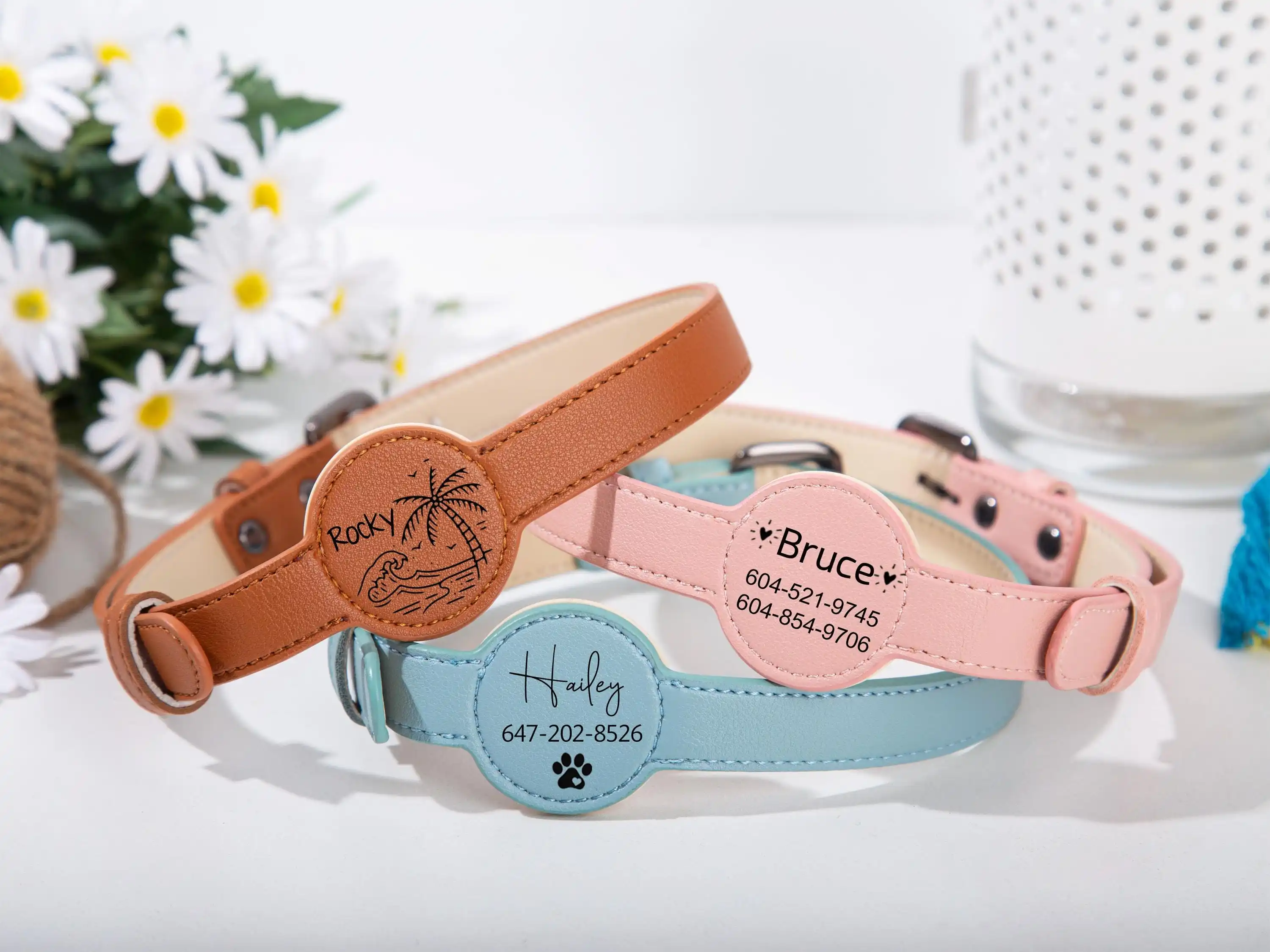 Custom engraved pet ID collar with name and contact info, PU leather AirTag dog collar, anti-loss location tracking cat collar view 5