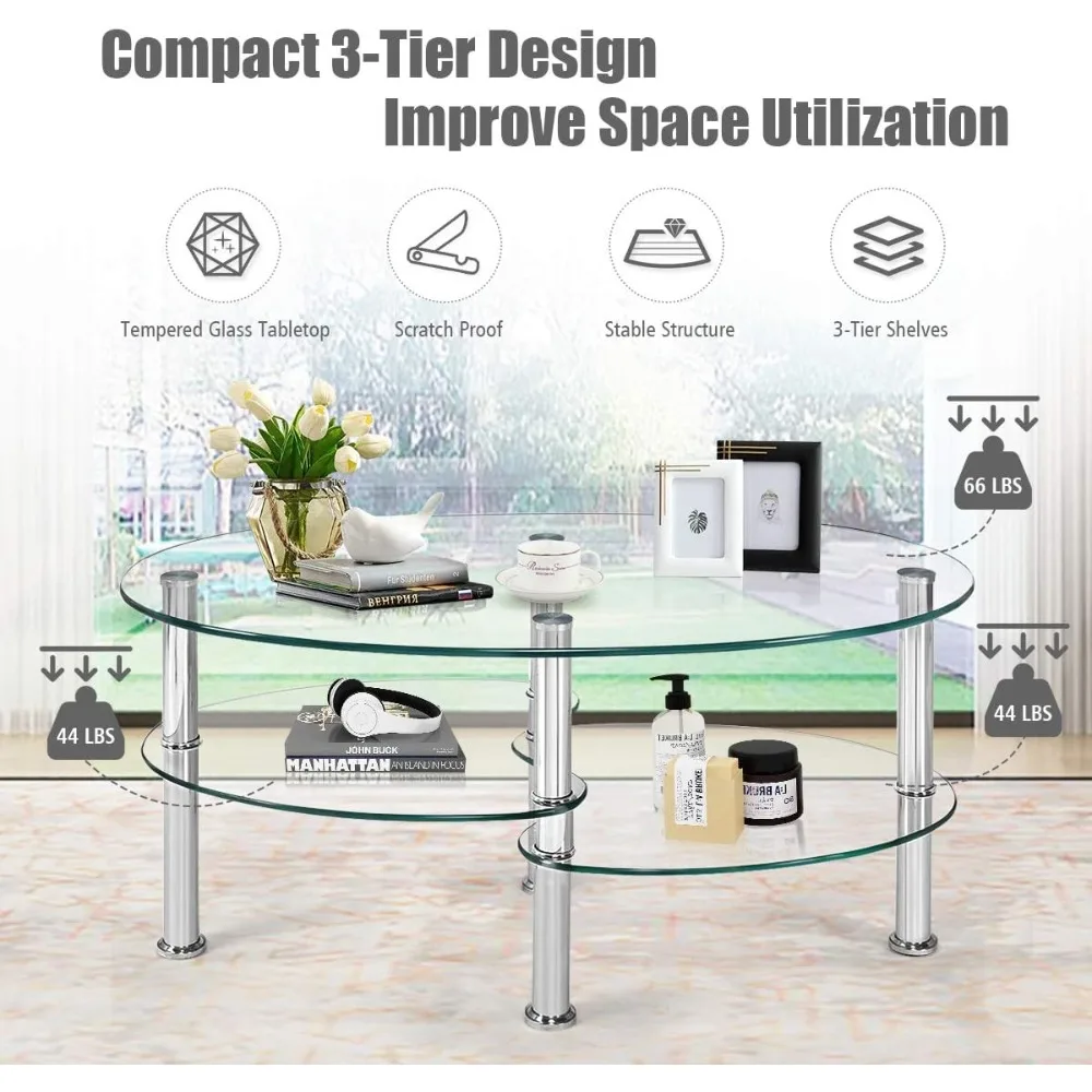 Glass Coffee Table, Modern Style Glass Shelves with Steel Legs for Living Room, Cocktail Tea Table